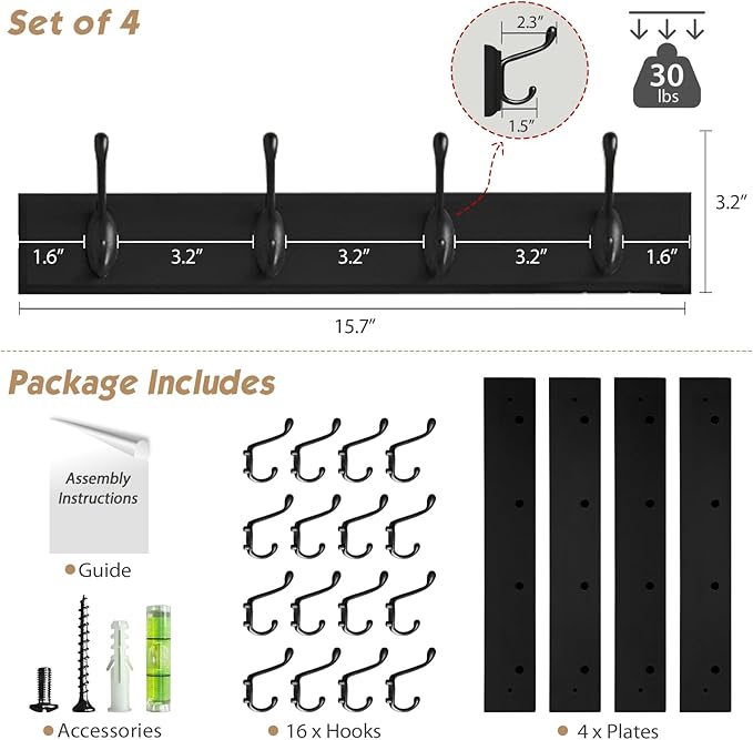 Forbena Black Coat Rack Wall Mount, Coat Hooks Wall Mounted for Entryway Closet Bedroom Bathroom Office, Antique Coat Hanger for Hanging Hats, Towels, Purses, Bags, Clothes, Backpack (Black)