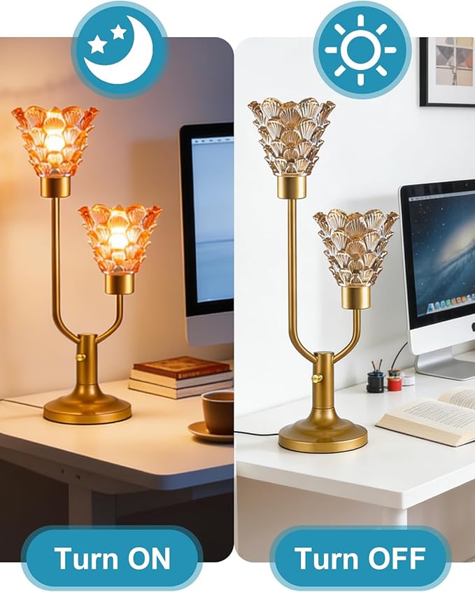 Lightdot Glass Table Lamp Dimmable Mid Century Modern Gold Flower Desk Lamp with Thickened Amber Glass Shades 2 Bulbs Included 3000K Warmwhite Nightstand Lamp for Bedroom Bedside Living Room