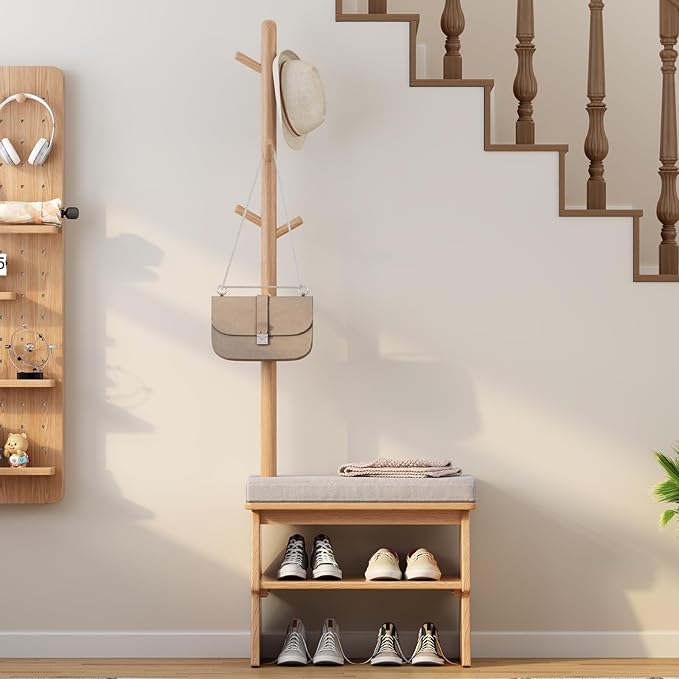 Coat Rack with Shoe Storage,Shoe Rack whit 8 Hook for Offices、Bedroom、Living Room,Small Shoe Bench, Natural