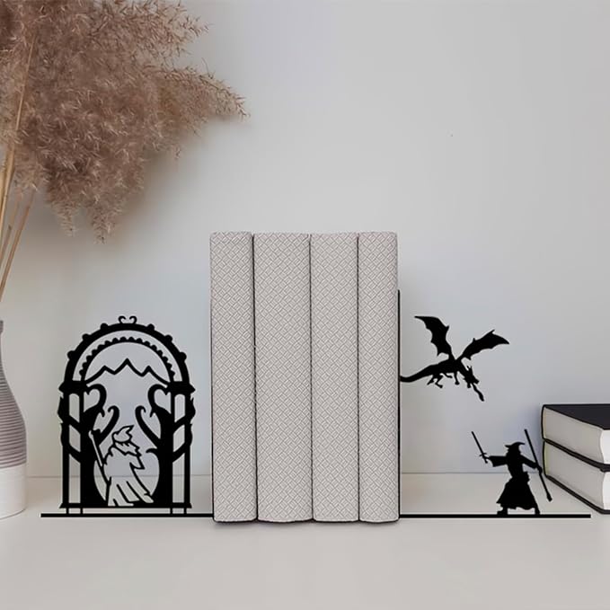 Dragon and Wizard Fantasy Bookends for Shelves, Heavy Duty Metal Book Ends, Unique Gothic Decor Book Stopper for Book Lovers