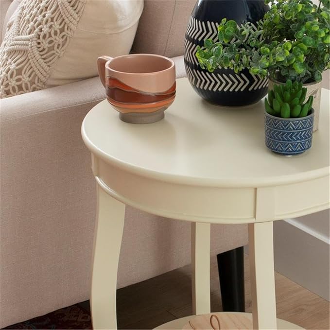 BOWERY HILL Modern Wood Accent End Table, Off White Painted Finish, 18.5" W x 18.5" D x 24" H, Round Design with Extra Storage, 4 Cabriole Tapered Legs, Perfect for Living Room or Bedroom Use