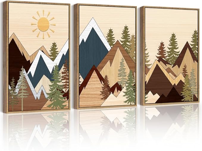 PHOPAGO Mountains Framed Wall Art Large 16x24in Morden Boho Woodcut Pine Tree Forest Nature Landscape Artwork Bohemain Farmhouse Living Room Rustic Home Decor - Natural Framed