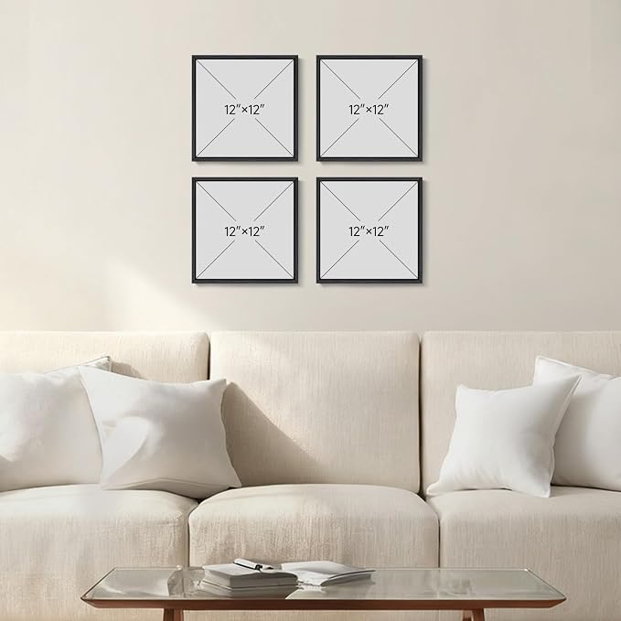 Framed Neutral Abstract Wall Art, 4 Piece Modern Minimalist Brown Black Beige Canvas Prints Artwork for Walls, Contemporary Square Earth Tone Wall Decor for Living Room Bedroom Office Entryway, 12x12