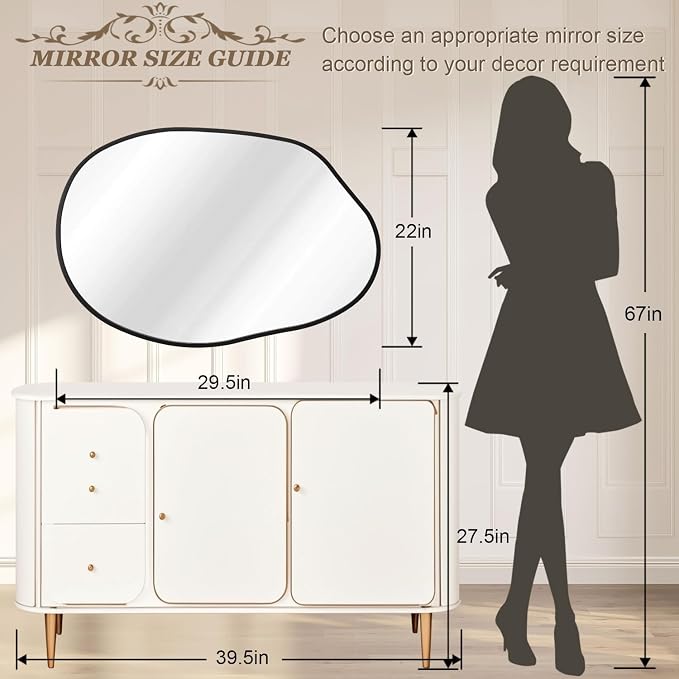 Irregular Wall Mirror, Wall Mirrors Decorative 22"x30" Black Asymmetrical Bathroom Mirrors Aluminum Alloy Frame for Bedroom, Living Room, Cloakroom, Entryway