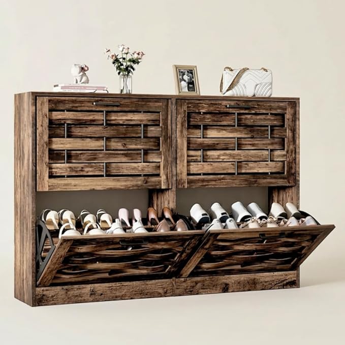 Shoe Cabinet Storage for Entryway with 4 Flip Drawers, Slim Shoe Rack Cabinet with Stylish Handwoven Panel, Farmhouse Shoe Organizer Cabinet for Hallways, Living Rooms, Rustic Brown