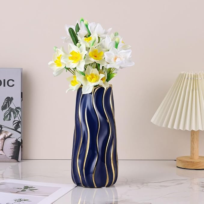 7.5" Blue Ceramic Vase - Minimalist Blue and Gold Flower Vase, Blue Decor Small Pampas Grass Vase, Boho Decorative Centerpiece Vase for Home Decor, Table, Shelf, Mantel, and Entryway