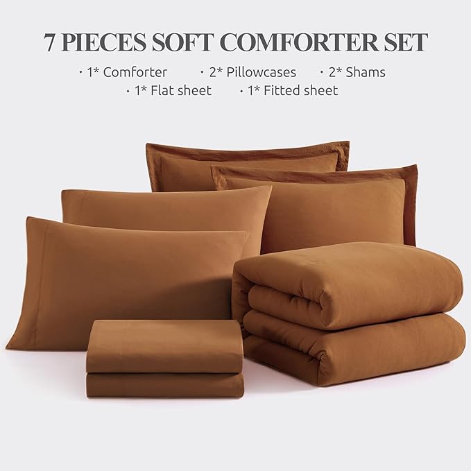 WRENSONGE Full Size Comforter Sets- 7 Pieces Soft Terracotta Bed in a Bag with Fitted Sheet, Flat Sheet, 2 Pillow Shams, 2 Pillowcases, Warm Bedding Sets for All Season