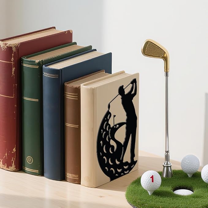 WADORN 1 Pair People Golf Metal Decorative Bookend for Shelves, Heavy Duty Book Ends Modern Non-Skid Books Holder Stand Black Book Support Stoppers for Desk Bookshelf Office Home, 5.3x4.3x7.9 Inches