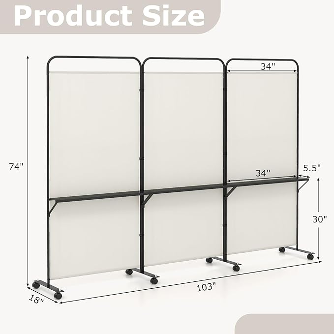 Giantex 3 Panel Room Divider with Wheels and Shelves, 103" W x 74" H Folding Privacy Screen, Rolling Partition Separator for Home Office Studio, Fabric Wall Divider for Room Separation (Beige)