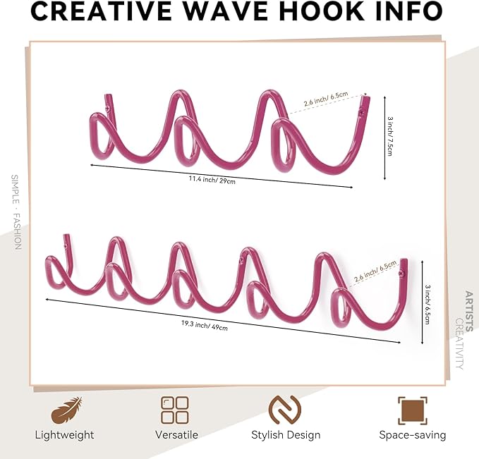 Coat Rack Wall Mount, Creative Wave Wall Hooks 20KG Capacity, Easy Installation, Multi-Purpose Hooks for Coat, Hat, Bag, Umbrella (Pink, 29cm x 7.5cm (11.41" x 2.95"))