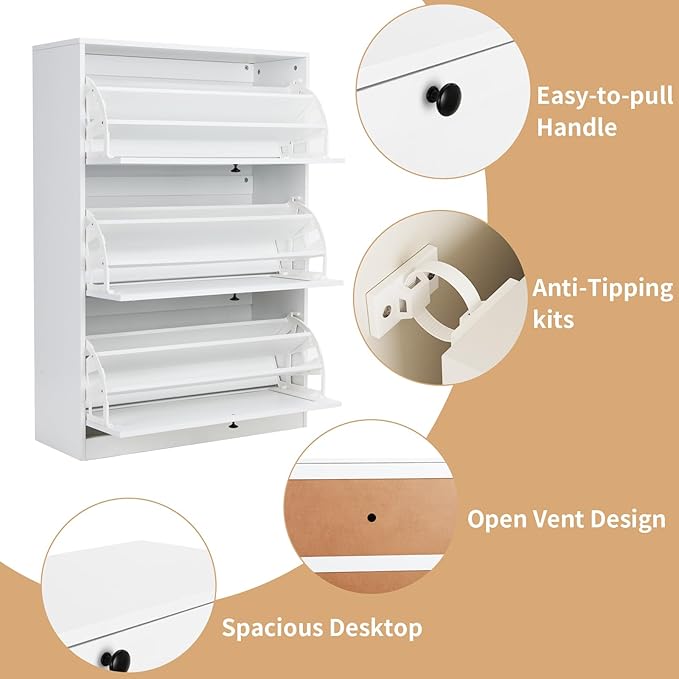 VOWNER Shoe Storage Cabinet with 3 Flip Drawers, Shoe Cabinet with 3-Tier Shoe Rack & Adjustable Shelves, Shoe Organizer for Entryway, Hallway, White