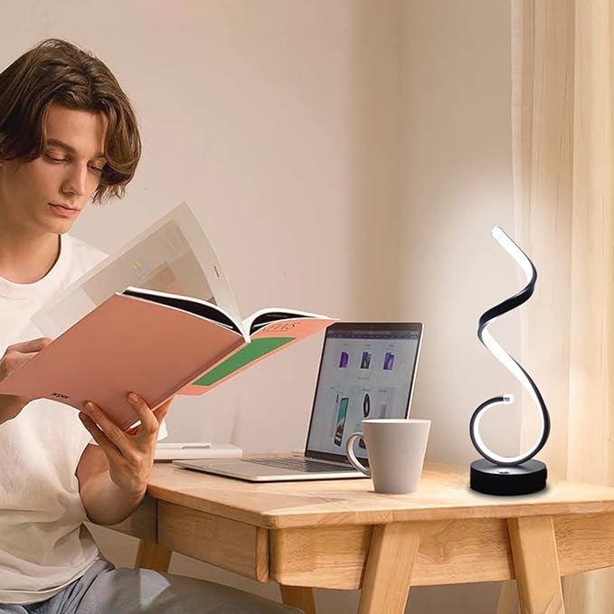 Modern Spiral LED Table Lamp for Bedroom, Bedside Lamps with USB Charging Ports, Dimmable Side Table Lamp Touch Lamps for Nightstand, 3 Colors Modes Desk Lamps for Living Room, Office - Black