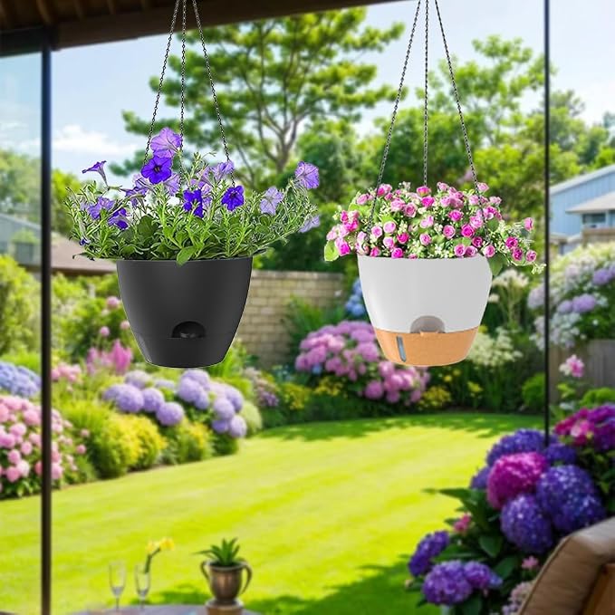 2 Pack Hanging Planters, 10 Inch Self Watering Hanging Pots for Indoor Outdoor Plants,Hanging Basket Plant Hanger Flower Pots with Drainage Holes and Visual Reservoir