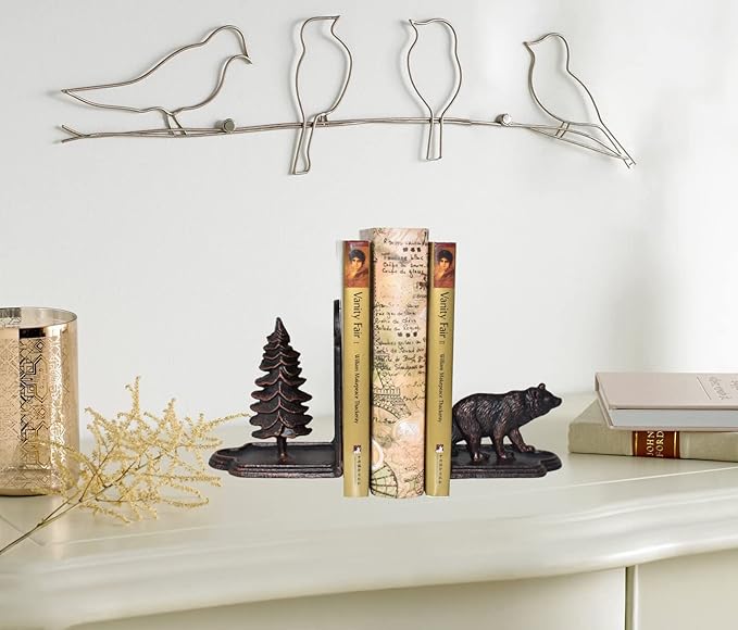 Bear Bookends Decorative, Heavy Duty Cast Iron Bookends for The Shelves, Pine Tree and Bear Statue Book End, Vintage Shelf Decor, Antique Bronze