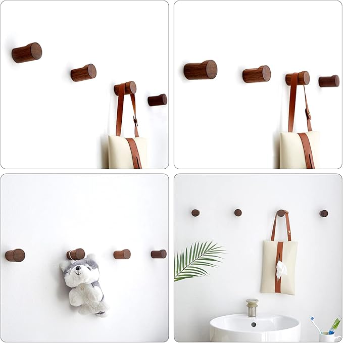 COCOYA Natural Wood Wall Hooks, 6Pack Minimalist Hat Hanger Easy Install Wall Mount Wooden Peg Knob Walnut Cute Simple Modern Small Room Decor, for Hanging Coat Towel Cap Bag Purses Jacket Backpack
