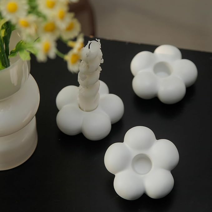 Cute Candle Holders, Ceramic Candlestick Holders for Table Centerpiece Flower Shape Home Decor Wedding Parties Living Room Set of 2 (White 2)