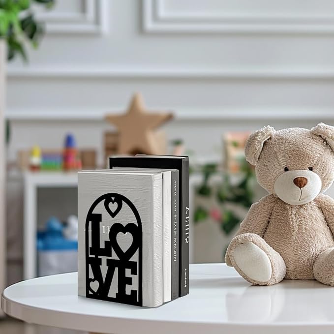 Peacoblue Metal Bookends for Shelves, Modern Decorative Heavy Duty Study Book Support Stoppers for Office, Desk, Shelf, Room 5.3"x4.3"x7.9" Cast Iron Simple Tall Bookends, 1 Pair (Love Heart)