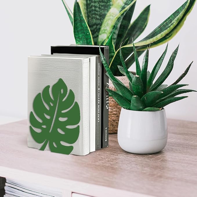 Peacoblue Metal Bookends for Shelves, Modern Decorative Heavy Duty Study Book Support Stoppers for Office, Desk, Shelf, Room 5.3"x4.3"x6.1" Cast Iron Simple Green Book Ends, 1 Pair (Monstera Leaf)