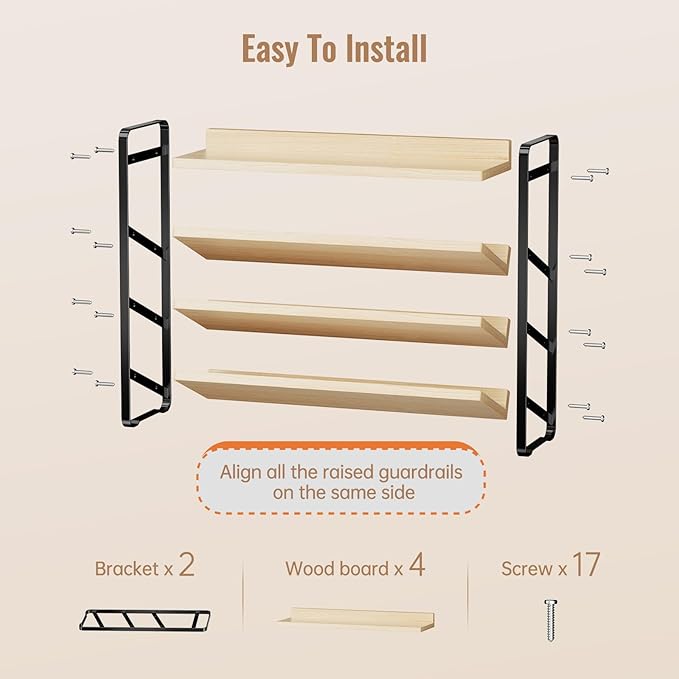 MUDEELA 4 Tier Spice Rack Organizer for Cabinet, Wooden Vertical Spice Shelf, Seasoning Organizer for Countertop, Kitchen, Pantry, Freestanding, 13.4" W × 11.2" H (No Jars Included), Black