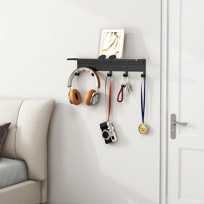 Bethom Wall Shelf with Hooks, Metal Coat Rack Wall Mounted with 5 Hooks, 17 Inch Clothes Hooks Entryway Coat Hangers Storage Clothes, Bags, Purse, Keys for Living Room, Bedroom, Black