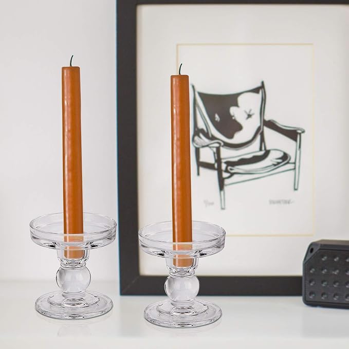 Yeeco Glass Candle Holder, 3.5" Tall Pillar Candle Holder, Crystal Candle Holders Set of 2, Candle Stand for Wedding, Dining, Birthday