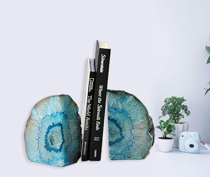AMOYSTONE Teal Agate Bookends, Decorative Brazilian Crystal Quartz Book Stopper, 3-4 LBS with Non-Slip Mat, Perfect for Kitchen Cookbooks and Bookshelf Ends