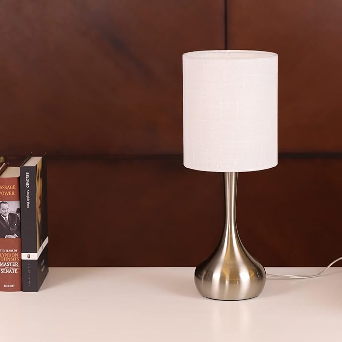 KUNJOULAM Modern Table Lamp, 17.3" Small Desk Light with Silver Metal Droplet Base, White Cylinder Linen Drum Shade, Nightstand Lamp for Bedroom Living Room Nightstand Office