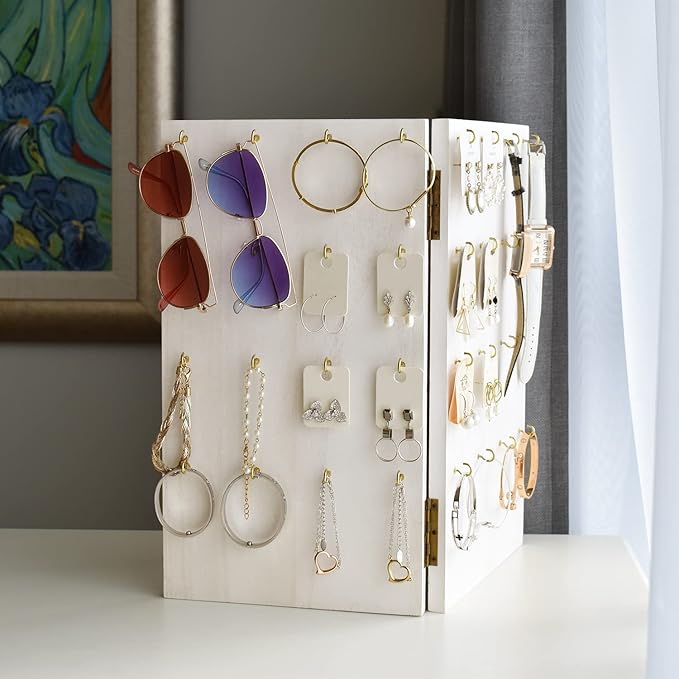 MOOCA Wooden Foldable Panel Jewelry Display Stand with 32 Hooks - Perfect for Store, Earring Cards, Keychains- Travel-Friendly Design, Unfolded size: 18.3" W x 0.6" D x 16" H, Wash White Color