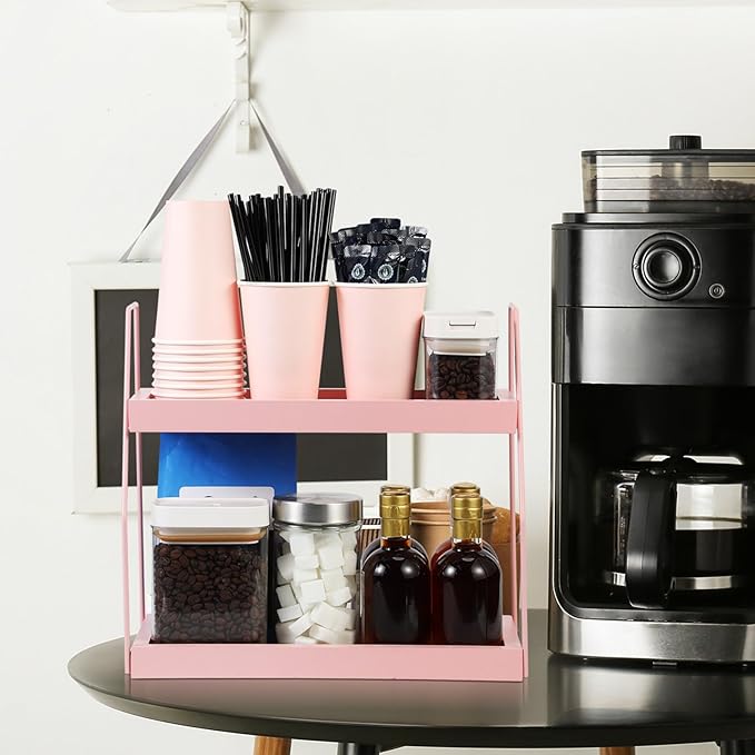 Colingmill Pink Coffee Station Organizer, 2 Tier Wooden Countertop Organizer for Coffee Bar Accessories, Condiment Storage Caddy for Kitchen, Bathroom, Office, Pink Kitchen Accessories Decor