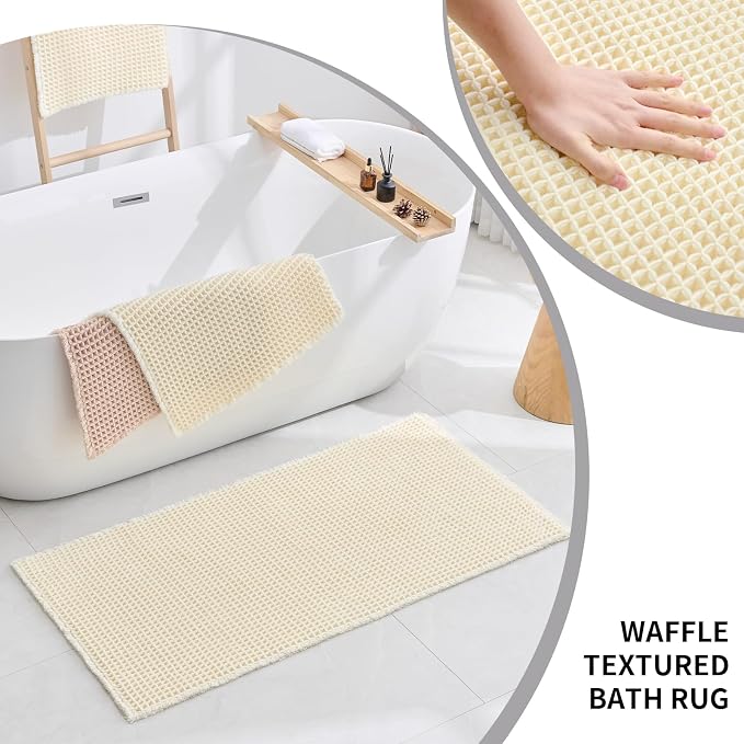 Disolla Waffle Bath Mat, Non Slip Absorbent Bathroom Runner Rug, Washable Quick Dry Ultra Soft Long Bathroom Floor Mat, Large Ivory Bath Rug for Tub Shower, 24''x70''