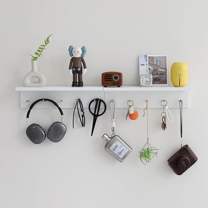 Marine Plywood Wall Mounted Coat Rack with Shelf & Key Hooks, 5 Brass Hooks Entryway Organizer, Modern Floating Shelf for Bedroom Hallway, Space-Saving Home Storage Rack (2, White)