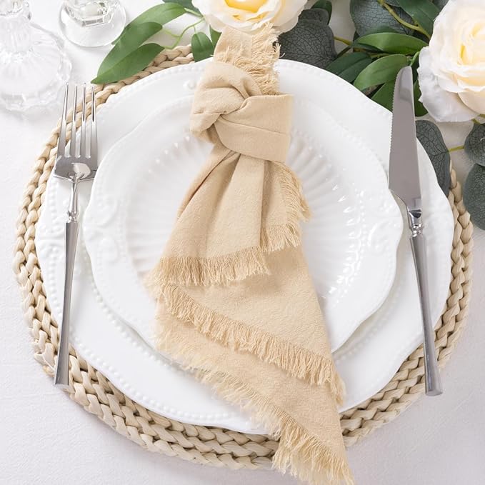 DeZerlor 6 Pack Champagne Cotton Linen Napkins with Fringe Summer Cloth Napkins Set of 6 Boho Handmade Dinner Napkins Bulk for Wedding Bridal Baby Shower Parties, 17 x 17 Inches