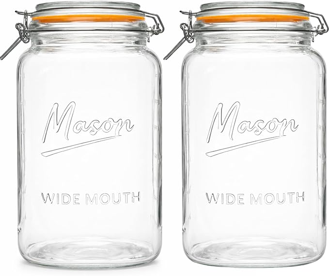 1 Gallon Glass Jars with Swing Top Lids - Extra Large Mason Jars Wide Mouth with Airtight Glass Clamp Lids - Square Glass Storage Containers with Measurements for Flour, Sugar & Pickling, 2 Pack
