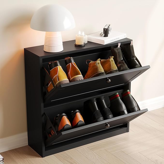 VOWNER Shoe Cabinet with 2 Flip Drawers, Freestanding Shoe Storage Cabinet with Adjustable Shelf & Anti-Tipping Device, Shoe Rack for Entryway, Hallway, Living Room (Black)