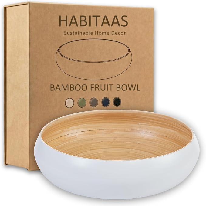 Fruit Bowl for Kitchen Counter – Handmade Spun Bamboo, Large 11.75" Fruit Basket, Eco-Friendly Decorative Serving Bowl for Home Decor, Produce Storage & Centerpiece (White)