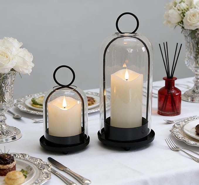 Candle Holders Set of 2,Versatile Farmhouse Black Metal Hurricane Pillar Candle Pedestal Holders with Handmade Sturdy Glass Dome,Candlesticks Holders for Pillar Candle & Plants, Seasons décor(Black)