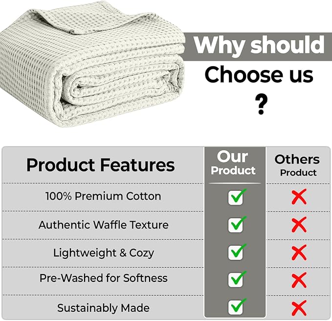 100% Cotton Blankets for Bed - Waffle Weave Blankets for Summer, Lightweight and Breathable Soft Woven Blanket for Spring (Cream, Twin (60" x 90"))