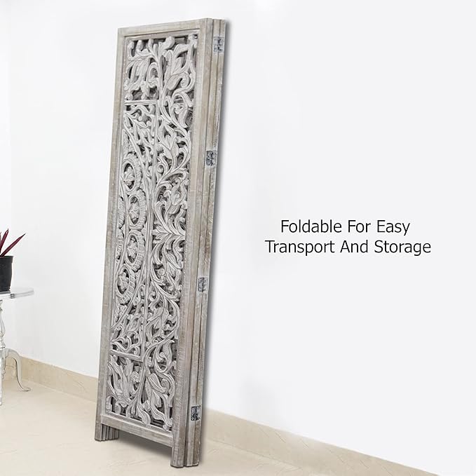 Room Divider Wood Floor Screen - Suzani White Wash 3 Folding Panel 60x72 - Hand Carved Portable Reversible Functional Decorative Screen - Freestanding Boho Small Spaces Privacy Partition -COTTON CRAFT