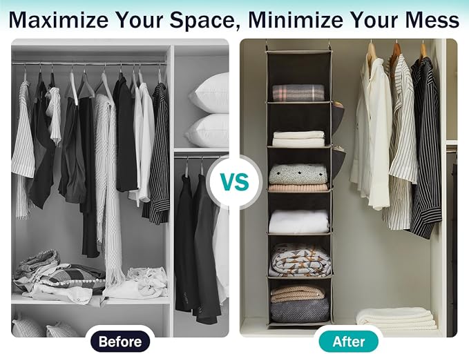 YOUDENOVA Hanging Closet Organizer, 6-Shelf Closet Hanging Storage Shelves, 2 Packs, Grey