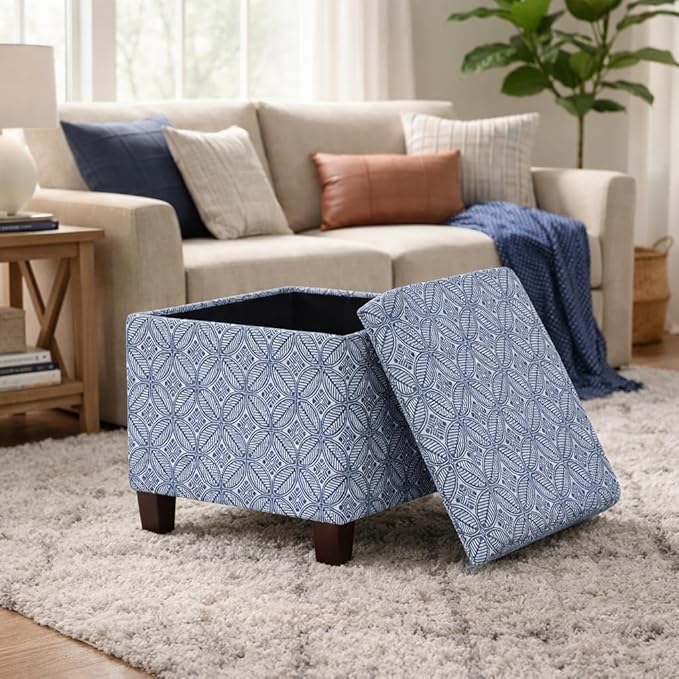 Homepop Home Decor | K7342-A874 | Classic Square Storage Ottoman with Lift Off Lid | Ottoman with Storage for Living Room & Bedroom, Blue Indigo Print