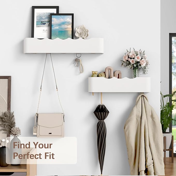 Coat Rack Wall Mount with Hidden Hooks, Wall Hooks with Shelf, Wall Key Holder Mount Wooden Shelf Entryway Hooks for Bedroom Bathroom for Hanging Coats Hats Bags Towels (White Wave-Shape, 5 Hooks)