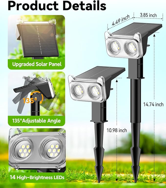 LETMY Solar Lights Outdoor Waterproof IP65, 2 Pack Solar Spot Lights Outdoor with 14 Big LEDs, 2-in-1 Wall Lights & 7 Modes Solar Landscape Spotlights for Pathway Yard Patio Decor Garden Gifts (RGB)