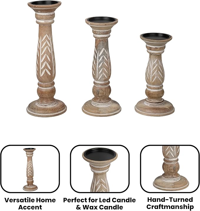 Set of 3 White Wash Farmhouse Wood Pillar Candle Holders - Handcrafted Rustic Tall Candle Holders for Home Decor, Centerpieces, Weddings, and Events - Heights: 14", 12", 10"