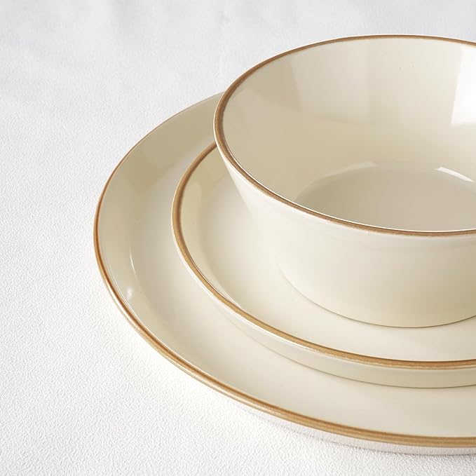 Famiware Saturn Dinnerware Sets, Plates and Bowls Sets for 4, 12 Pieces Stoneware Dish Set - Chip and Scratch Resistant, Microwave and Dishwasher Safe Tableware Set, Vanilla White with Rim