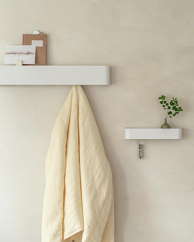 Kazai. Coat Rack Wall Mount with Shelf 'Tone' | Modern Design Coat Hanger with Hidden Hooks and Storage | Hat Rack with Shelf in Metal | Wall-Mounted Purse Organizer | White