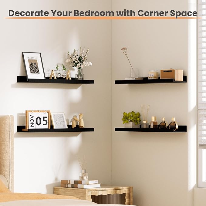 upsimples Floating Shelves for Wall, 23.6 Inch Shelves for Decor Storage Set of 6, Wall Mounted Wood Shelf for Bedroom, Living Room, Bathroom, Kitchen, Long Picture Ledge Shelves, Black