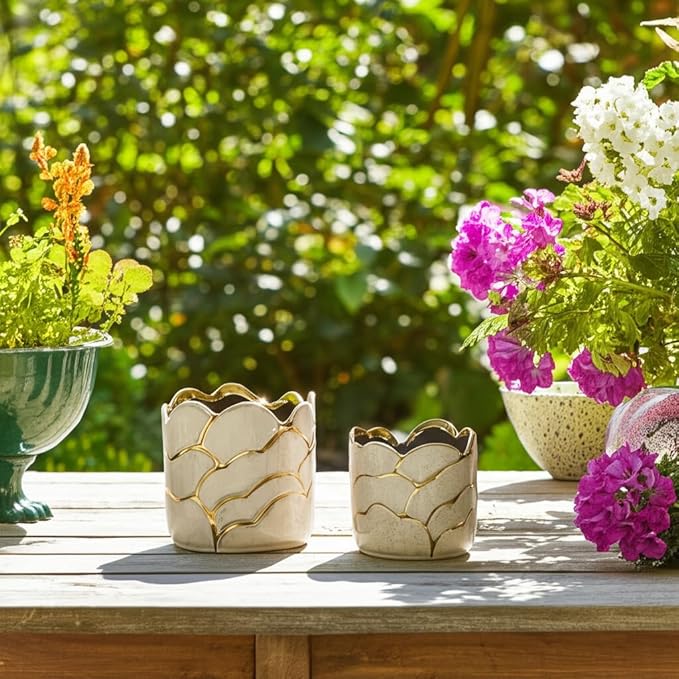Modern Decorative Home Decor Planters for Flower Pots - Ideal for Indoor and Outdoor Plants for House Decor - Plant Pots for Garden Accent or Plant Stand Indoor - Set of 2, 7", 5", Ivory & Gold