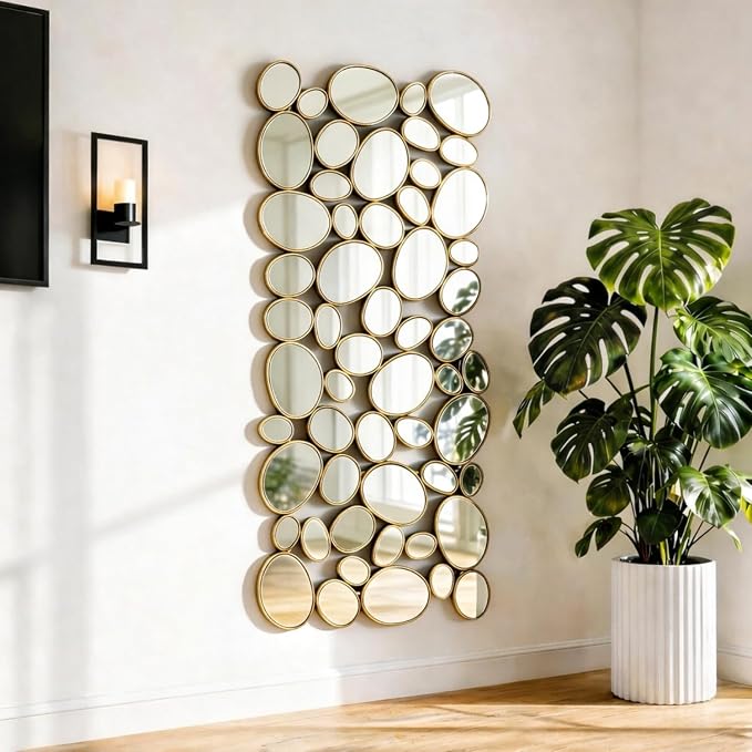 Black Wall Mirrors Decorative - 51"x23" Large Modern Wall Mirror for Home Decor, 55 Pieces Multi-Size Pebble Design Metal Framed Accent Mirror for Entryway Bedroom Living Room Wall Art Decor