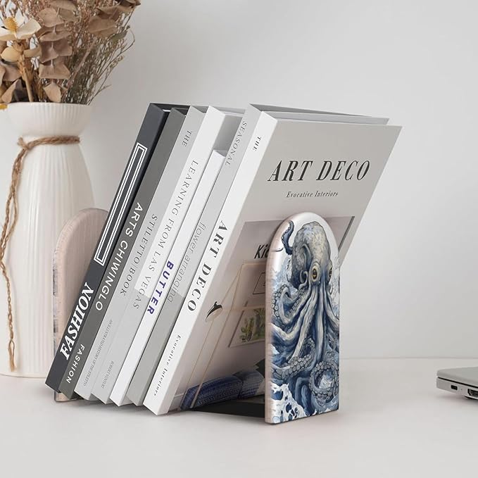 Fantasy Sea World Adventure Kraken Octopus Monster Wood Book Ends for Shelves, Non-Skid Bookends for Office, Library, and Home Decor, 1 Pair