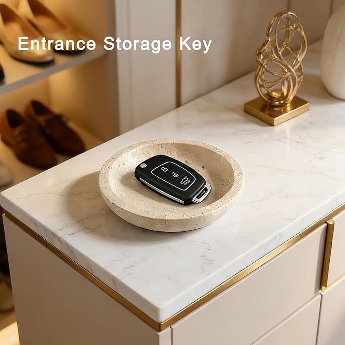 Jewelry Dish 5.5"x5.5",Natural Travertine Stone Trinket Dish - Round Decorative Vanity Tray for Jewelry, Keys, and Small Accessories, Countertop Organizer for Bathroom, Bedroom, Entryway
